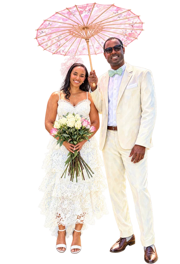 Watercolor of the two of us beneath our pink celebration parasol
