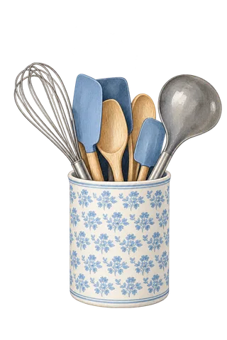 Watercolor of Nati’s blue-and-white utensil crock